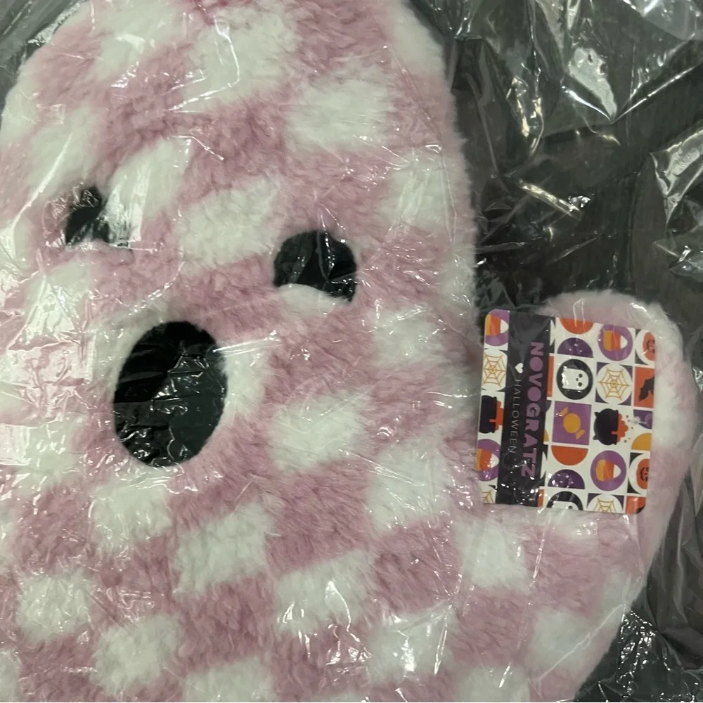 NEW NWT Novogratz Halloween Ghost Pillow Checkered Pink & White Sherpa